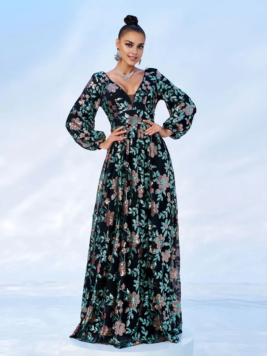 Luxury A-Line V-Neck Long sleeves Backless Floor-Length Prom Dress